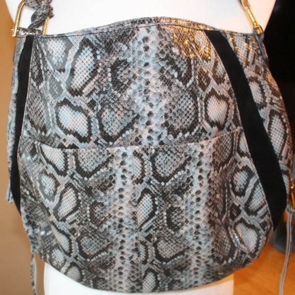 AIMEE KESTENBERG PYTHON LARGE LEATHER HOBO BAG! Black/Aqua/Ivory - Picture 5 of 8